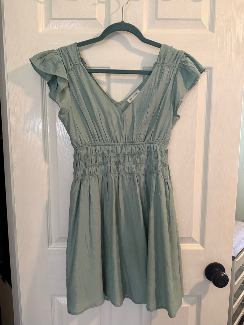Sage Green V-Neck Smocked Waist Dress
